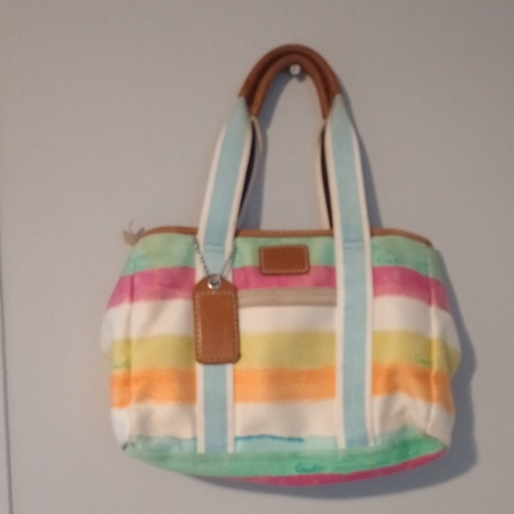 Coach Multicolor Striped Mini Bag with Tan Handles
